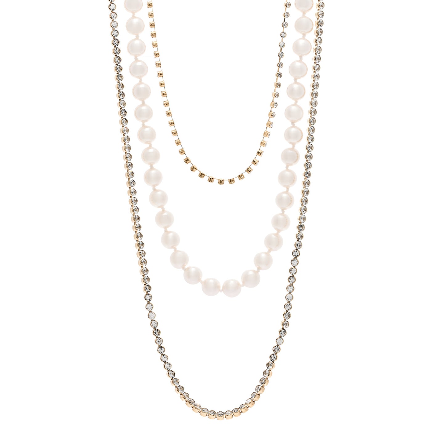 Pearl Crystal Multi Strand CC Long Necklace Gold