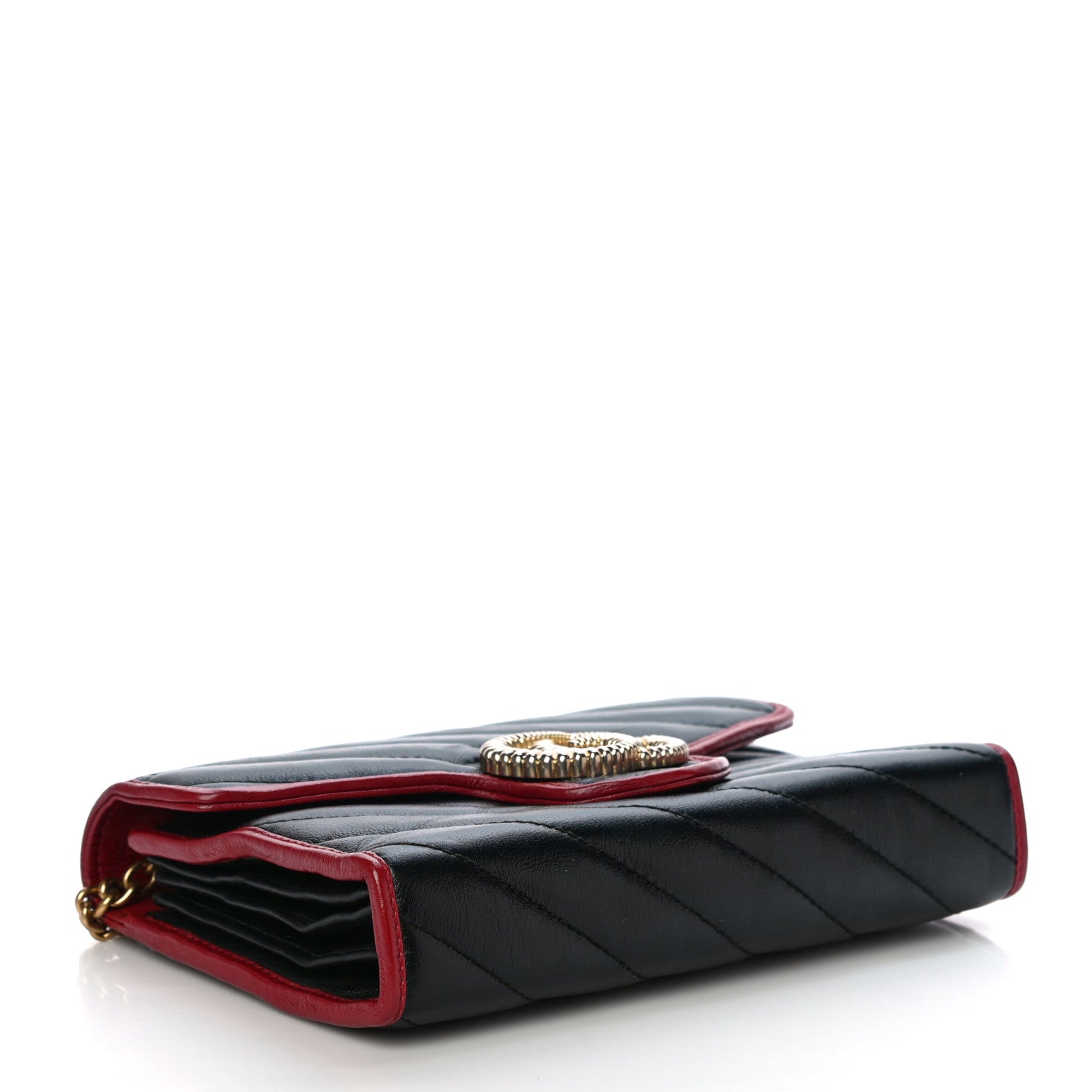 Gucci Vintage Effect Calfskin Matelasse Diagonal Torchon GG Marmont Chain Wallet Black Romantic Cherry 6 of 28