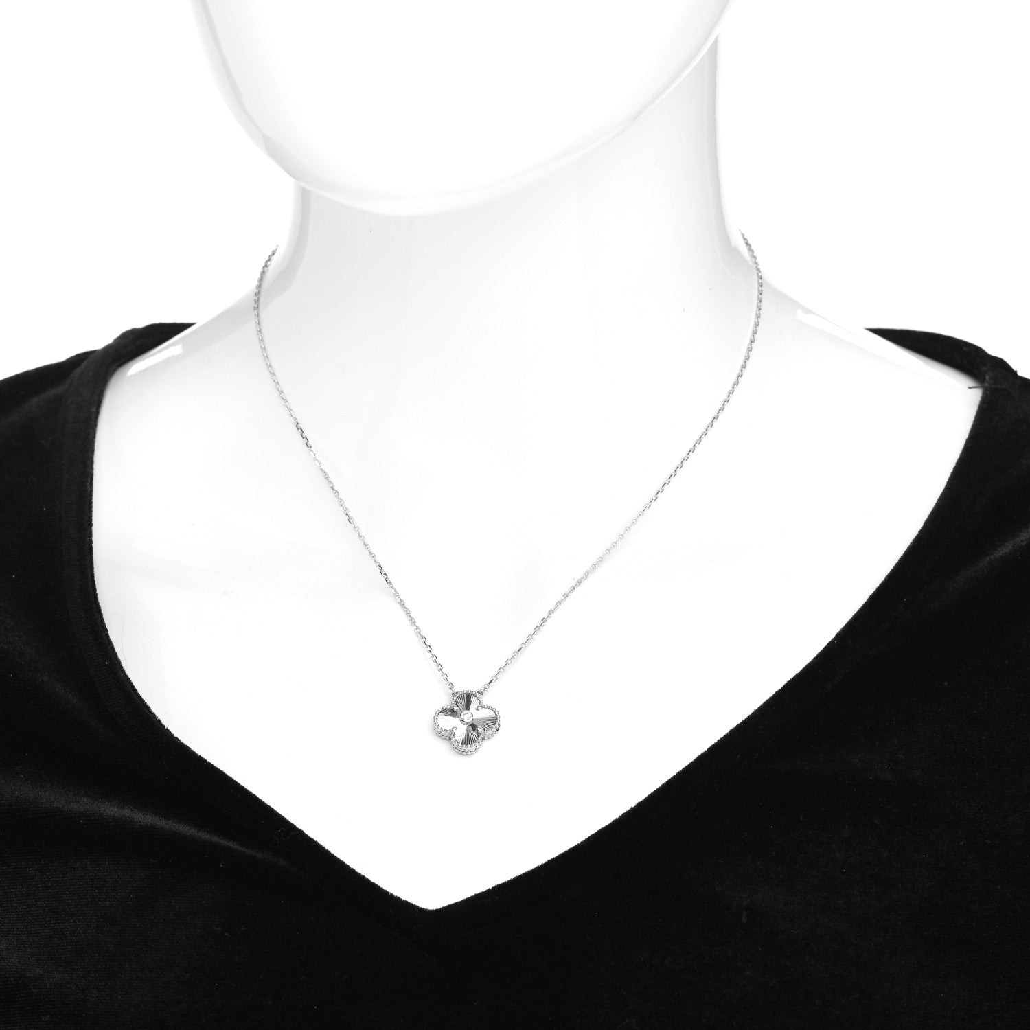 Van Cleef & Arpels 18K White Gold Diamond Guilloche Vintage Alhambra Pendant Necklace 2 of 5