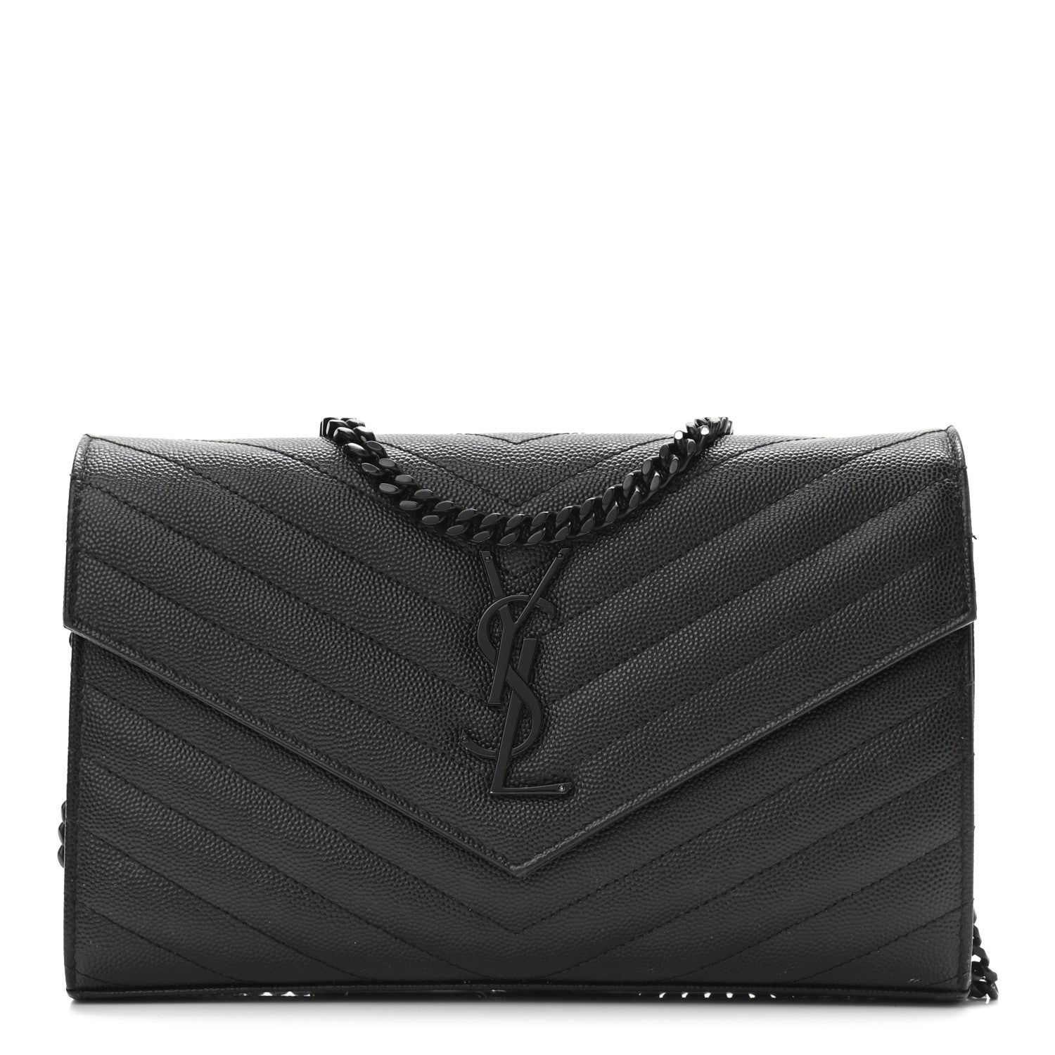 Saint Laurent Grain De Poudre Matelasse Chevron Monogram Chain Wallet Black 1 of 13