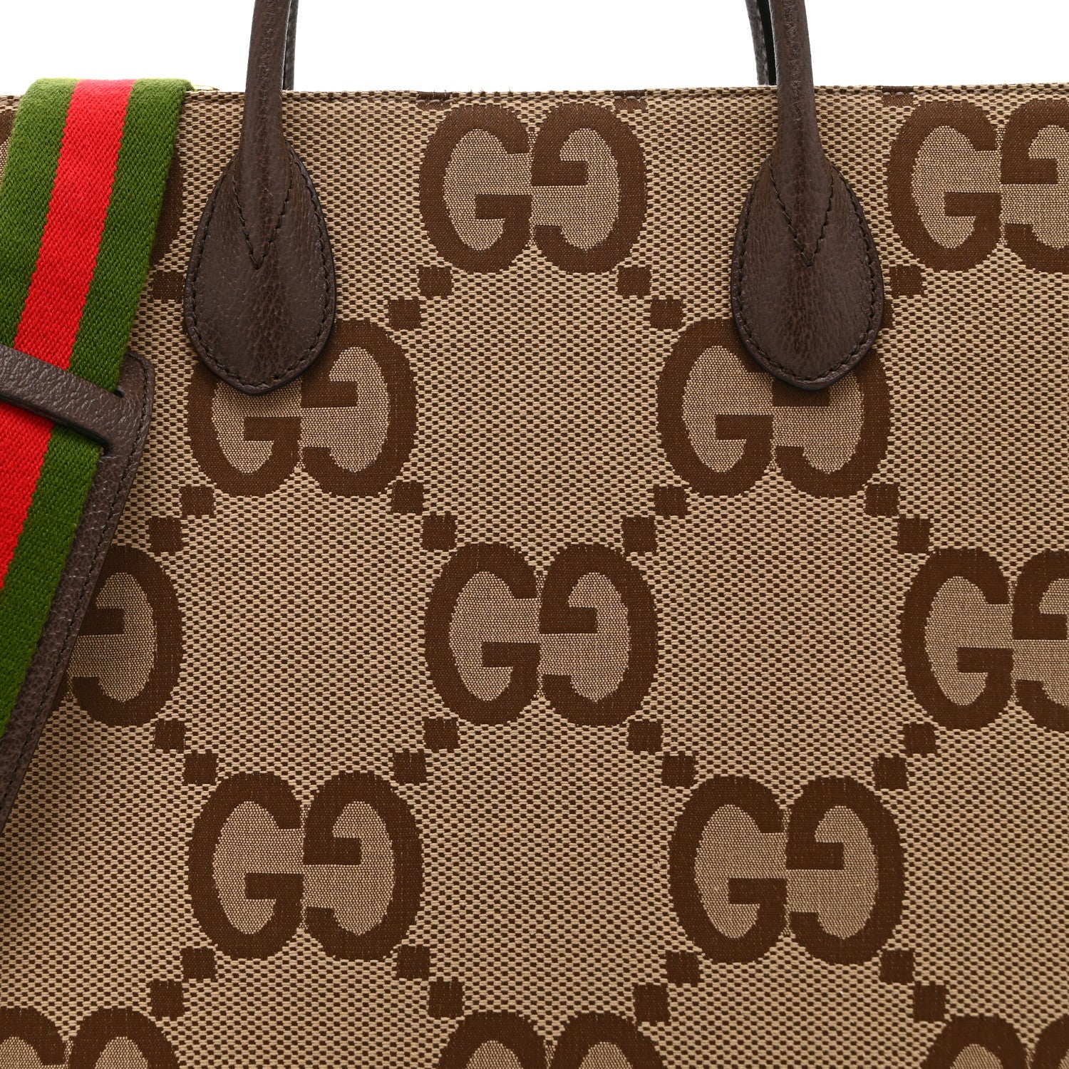 Gucci Monogram Jumbo GG Textured Dollar Calfskin Web Tote Bag Camel Ebony New Acero 9 of 11