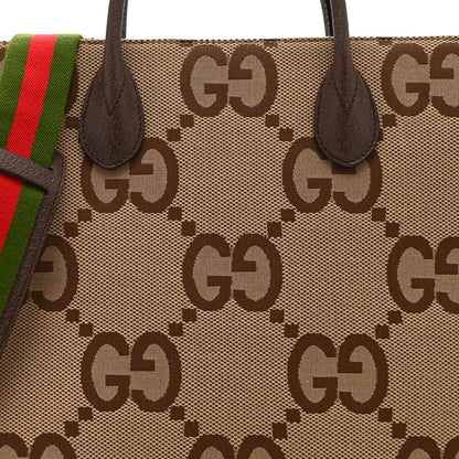 Gucci Monogram Jumbo GG Textured Dollar Calfskin Web Tote Bag Camel Ebony New Acero 9 of 11