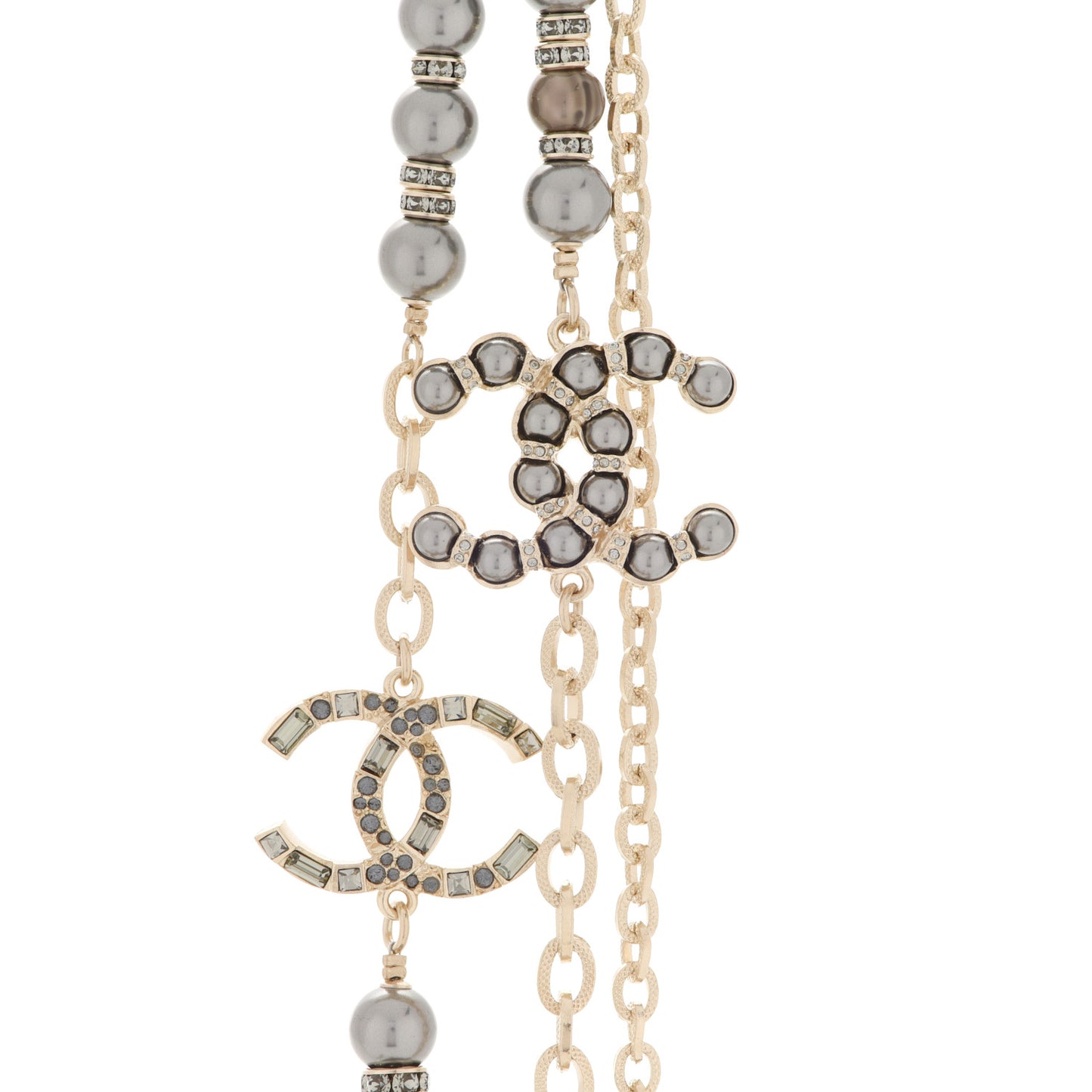 Pearl Crystal Nefertiti CC Long Necklace Gold Grey