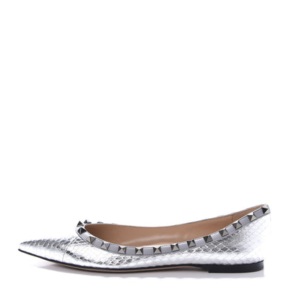 Valentino Garavani Metallic Elaphe Snakeskin Rockstud Ballerina Flats 37.5 Silver 1 of 8