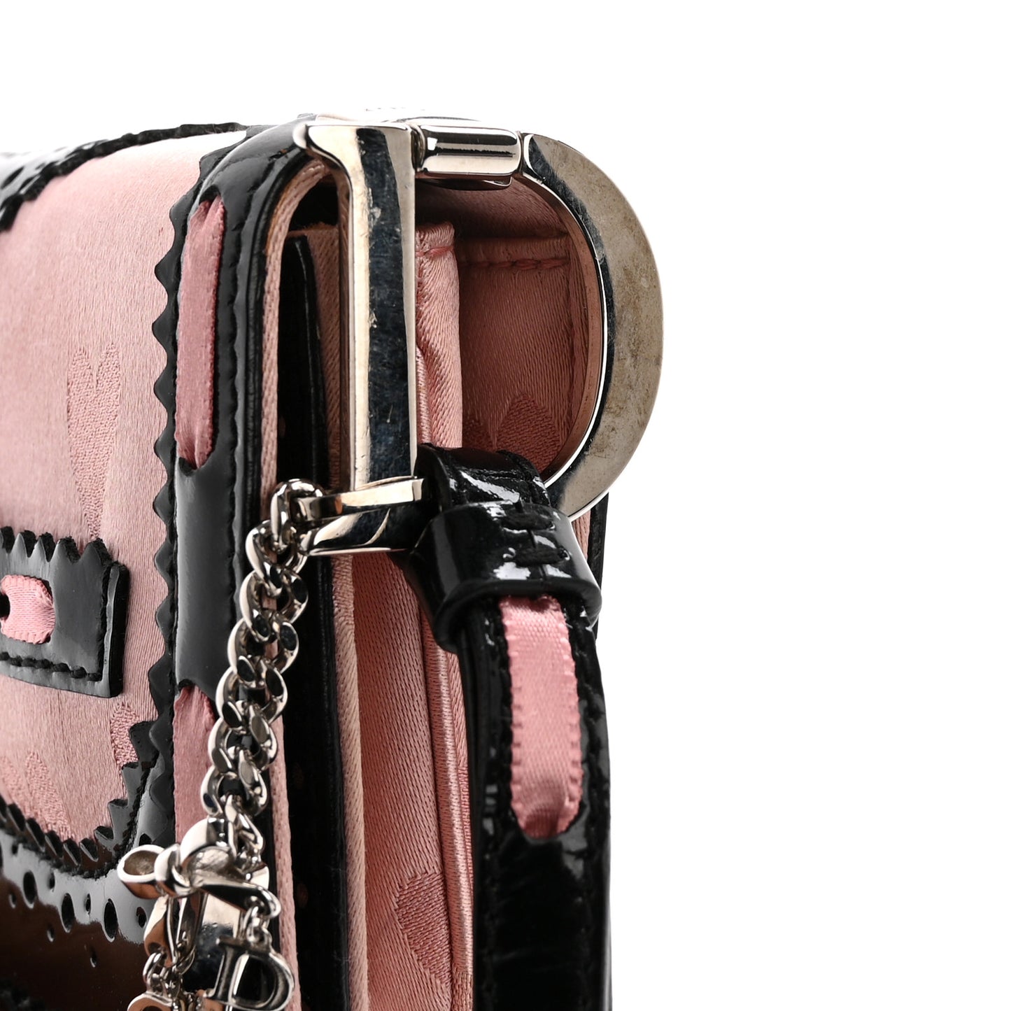Satin Patent Heart D Trick Clutch Pink Black