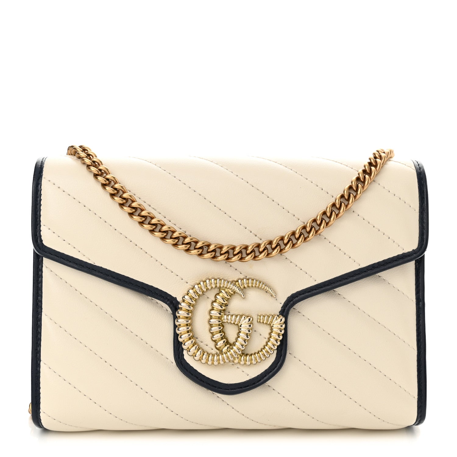 Gucci Vintage Effect Calfskin Matelasse Diagonal Torchon GG Marmont Chain Wallet Mystic White Blue Agata 1 of 12