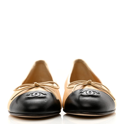 Chanel Lambskin Cap Toe CC Ballerina Flats 36.5 Beige Black 2 of 10