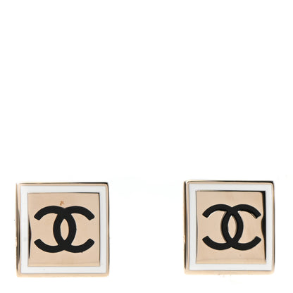 Chanel Metal Enamel CC Square Earrings Gold Black White 1 of 5