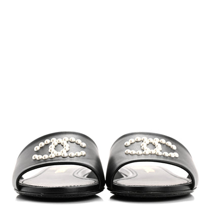 Chanel Lambskin Pearl CC Sandals 38.5 Black 3 of 8