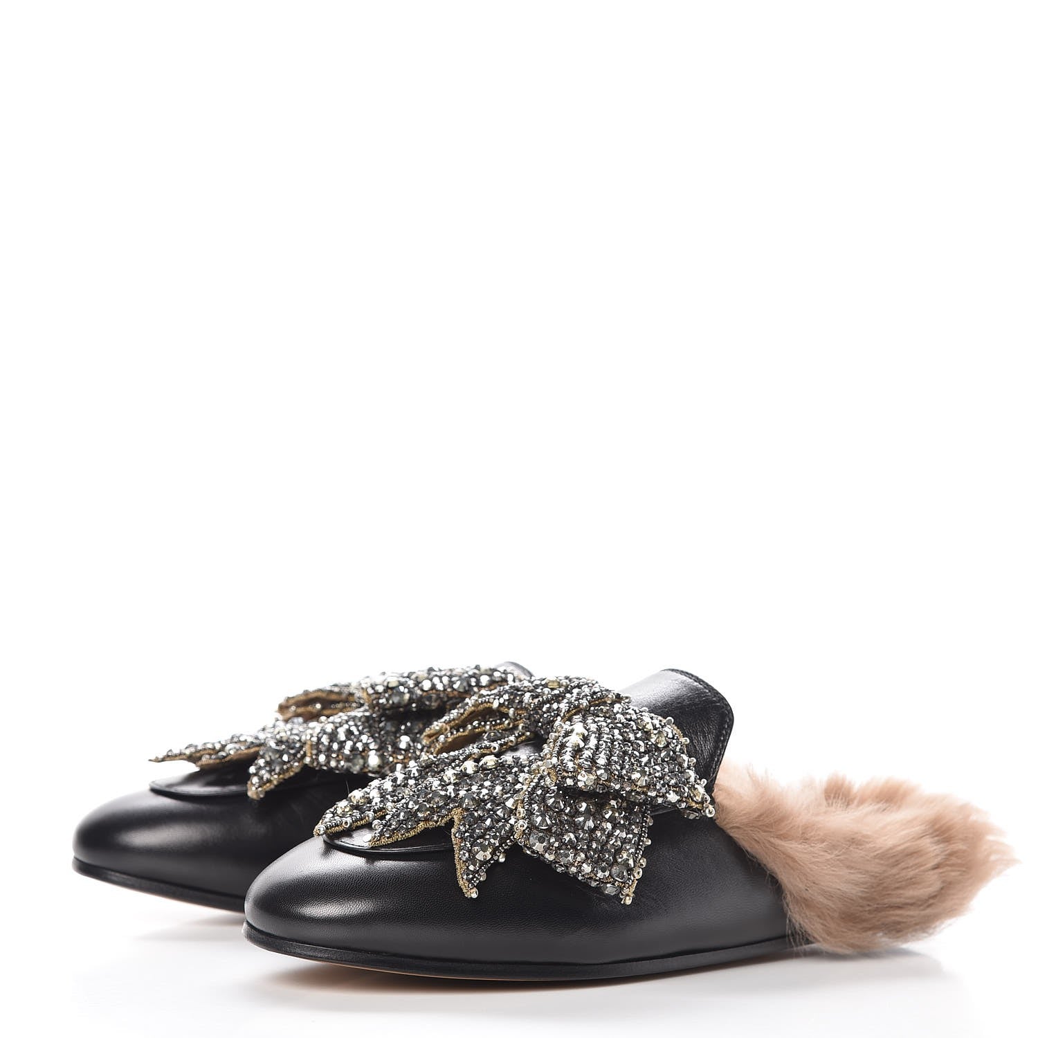 Gucci Malaga Kid Fur Crystal Bow Embroidered Womens Princetown Slippers 37 Black 3 of 12