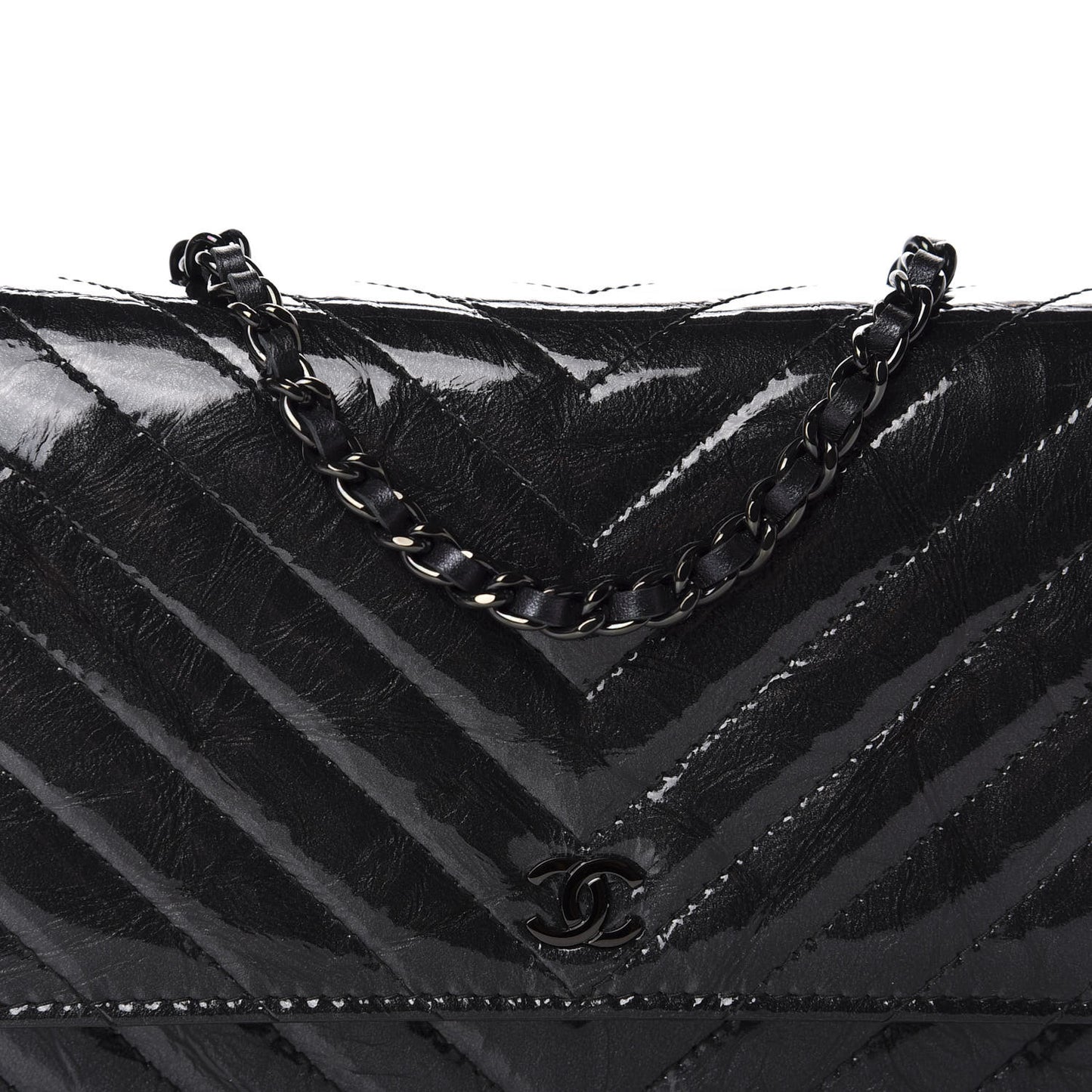 Patent Metallic Crumpled Calfskin Chevron Quilted Wallet On Chain WOC Black