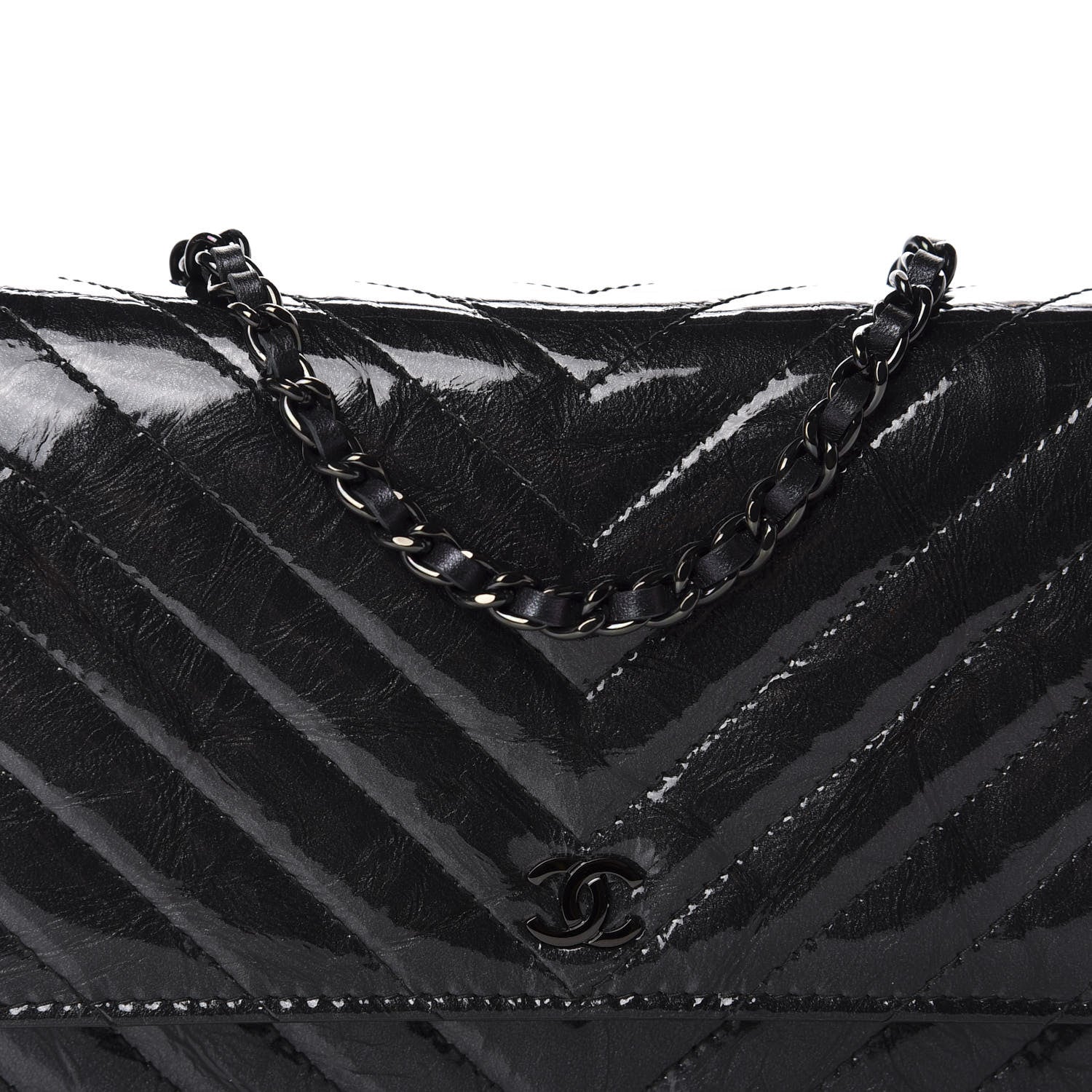 Chanel Patent Metallic Crumpled Calfskin Chevron Quilted Wallet On Chain WOC Black 11 of 12