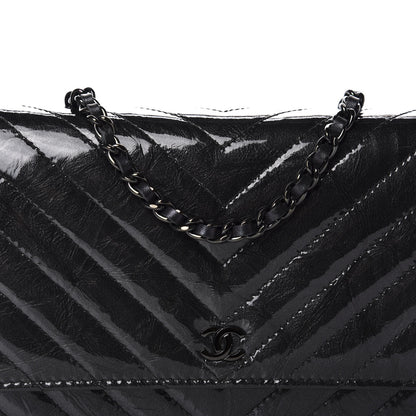 Chanel Patent Metallic Crumpled Calfskin Chevron Quilted Wallet On Chain WOC Black 11 of 12