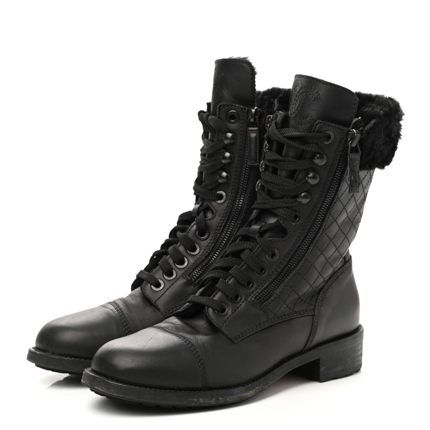 Calfskin Shearling Quilted Cap Toe Combat Boots 39.5 Black