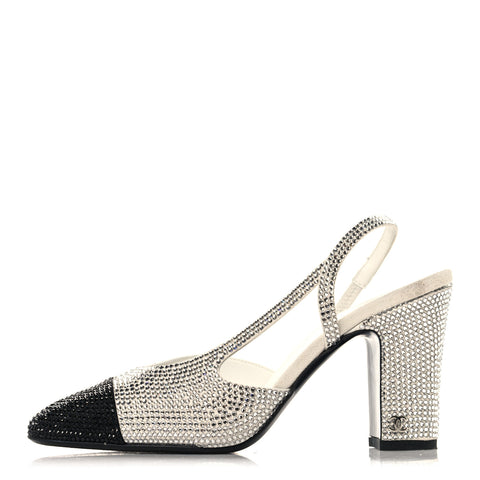 Strass Grosgrain Cap Toe CC Slingback Pumps 36.5 Silver Black
