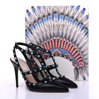 Valentino Garavani Pebbled Calfskin Turquoise Rockstud Rolling Ankle Strap 100mm Pumps 37 Black 8 of 8