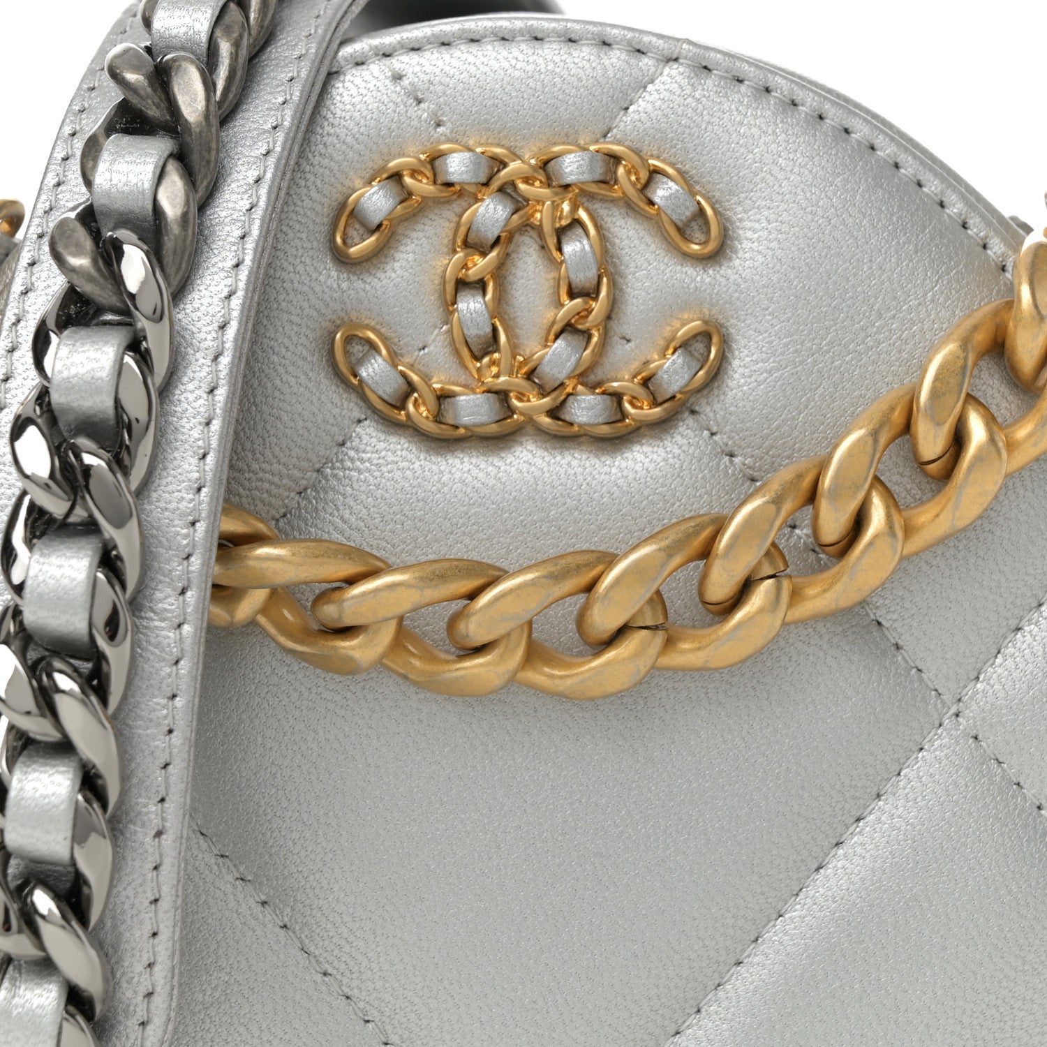 Chanel Metallic Lambskin Quilted Chanel 19 Round Clutch With Chain Silver Silver 8 of 13