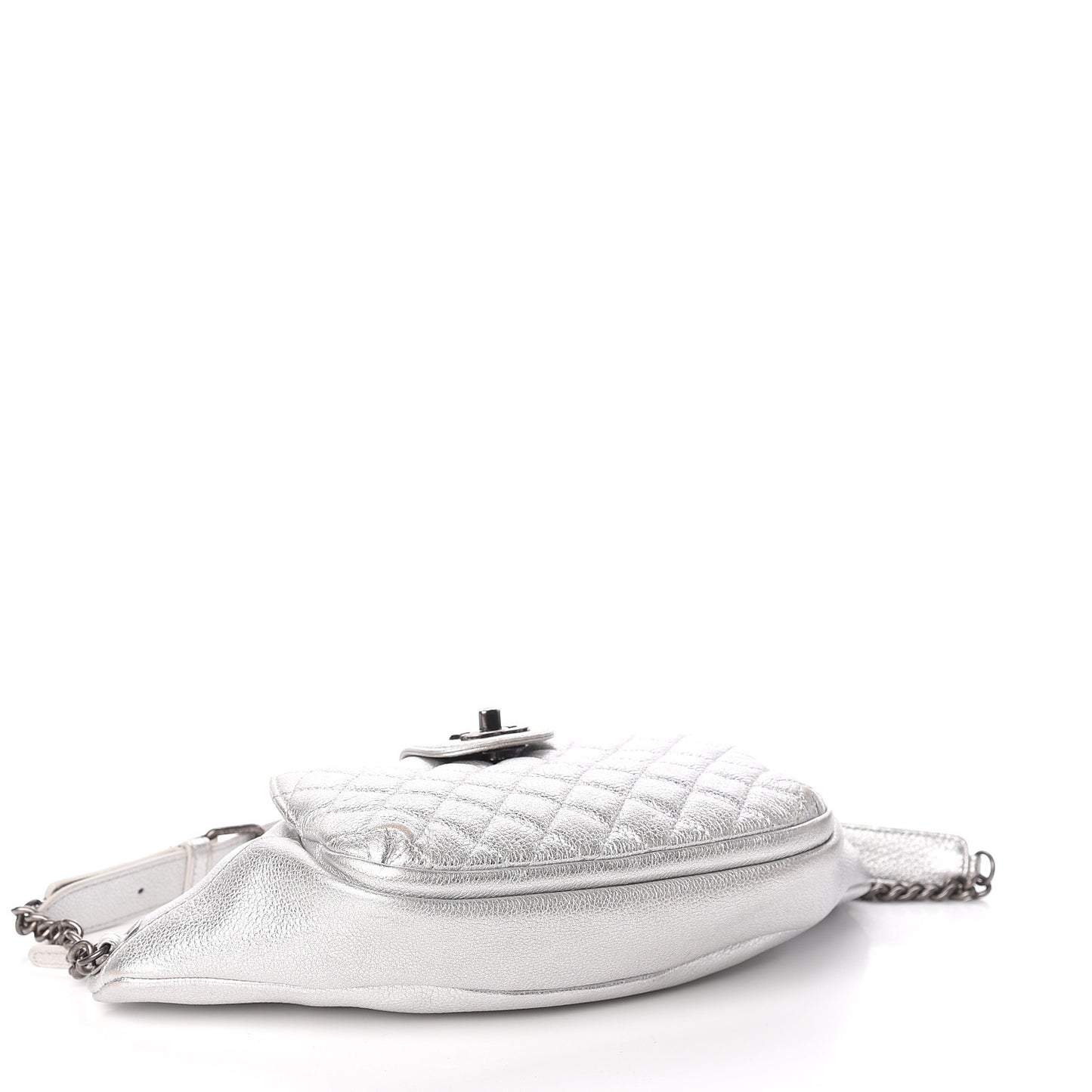 Metallic Grained Calfskin Quilted Casual Rock Waist Bag Fanny Pack Silver