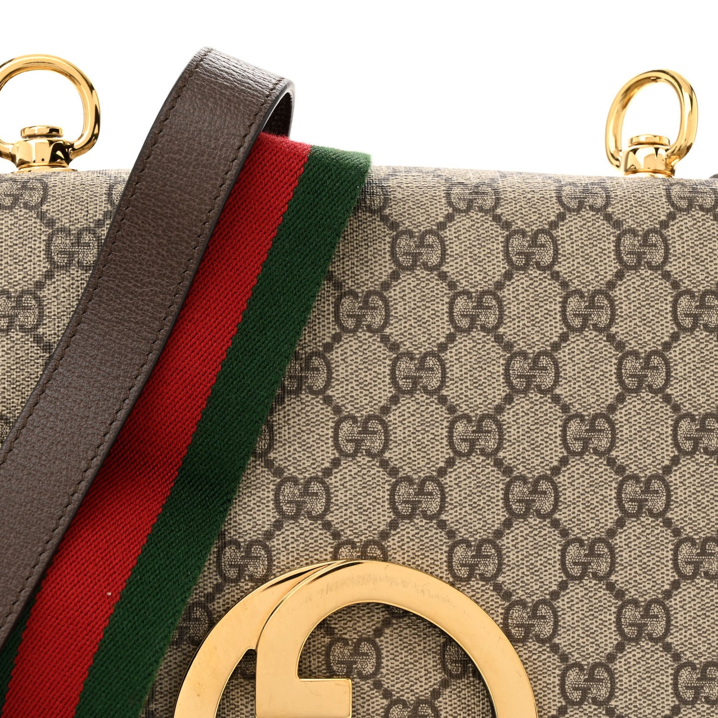 GG Supreme Monogram Textured Dollar Calfskin Web Medium Blondie Top Handle Shoulder Flap Bag Beige Ebony New Acero