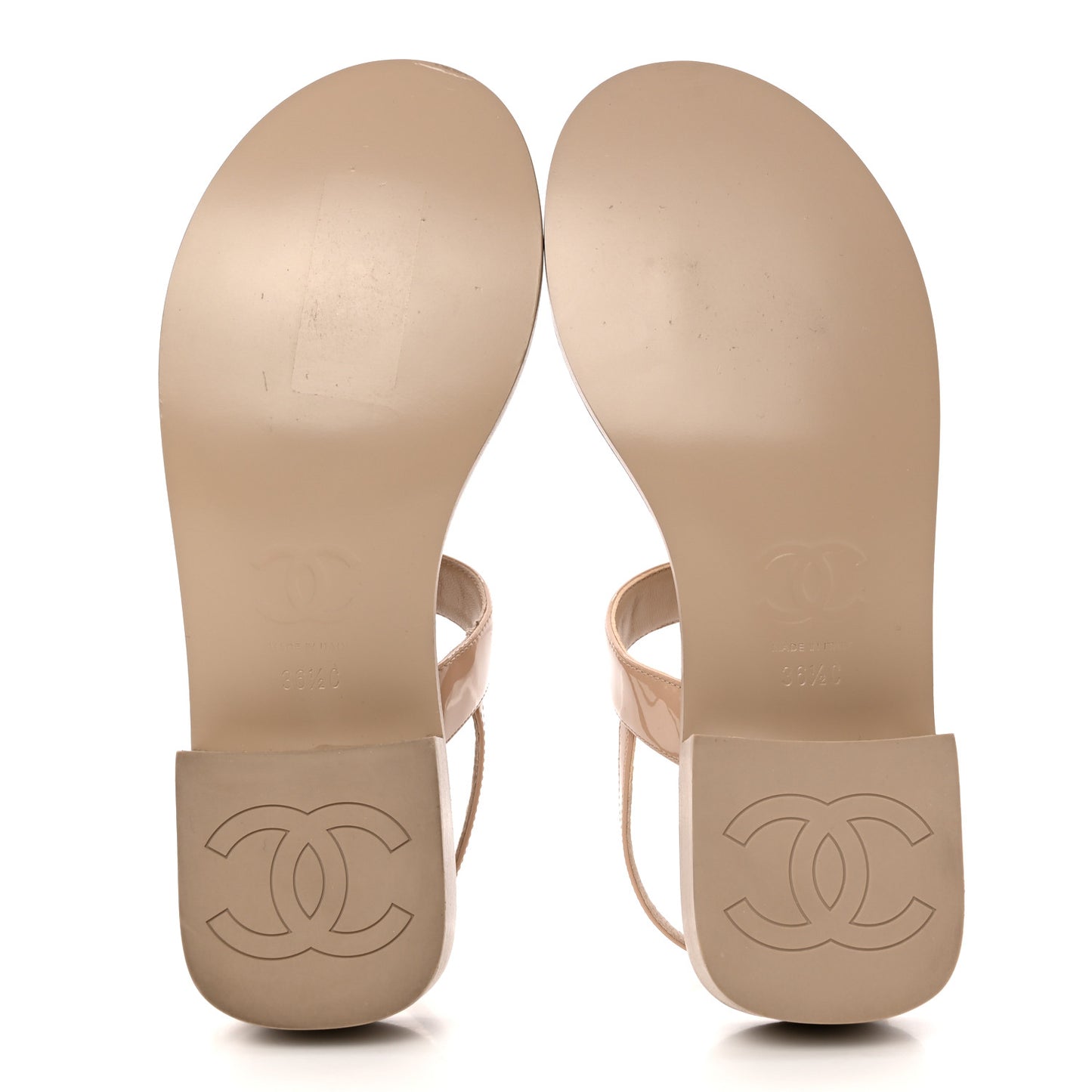 Lambskin Patent Chain CC Logo Thong Sandals 36.5 Beige