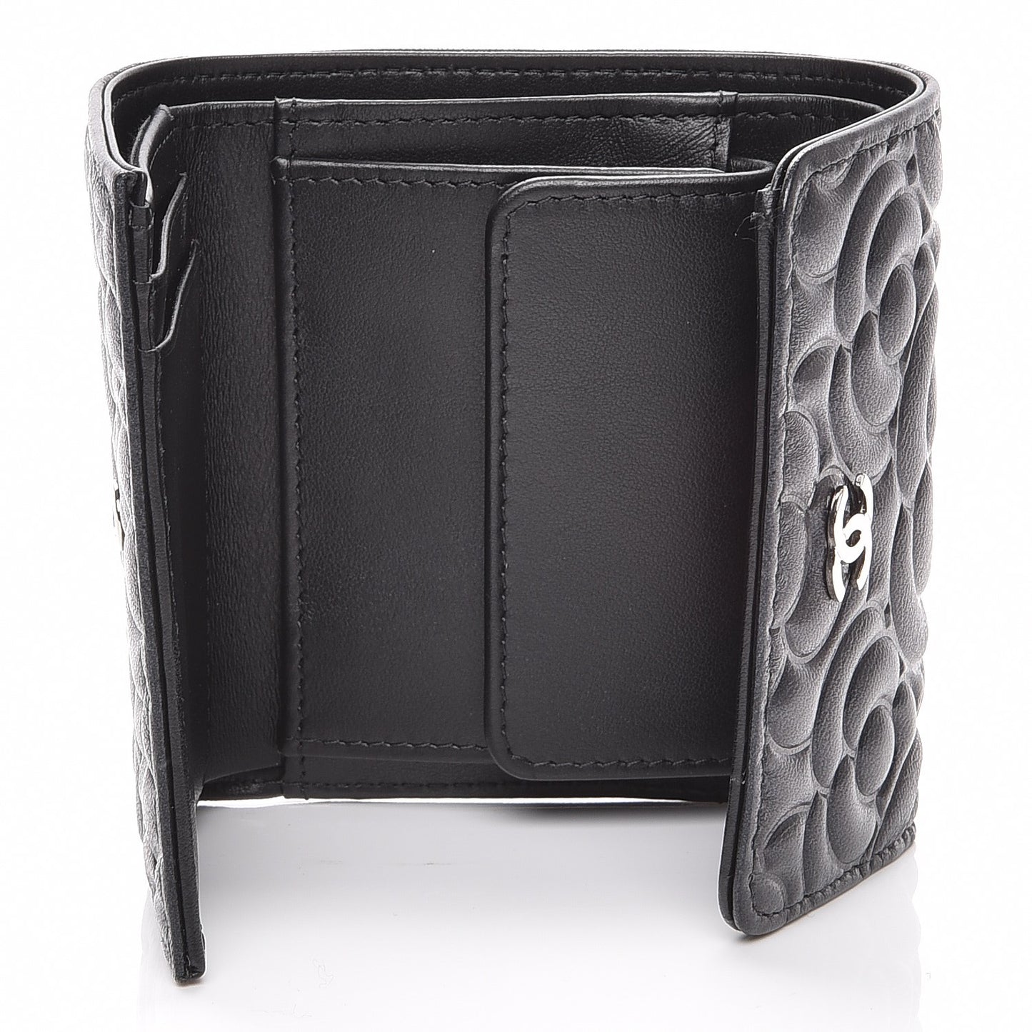 Lambskin Camellia Embossed Small Double Wallet Black
