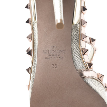 Valentino Garavani Metallic Pebbled Calfskin Rockstud Ankle Strap 100mm Pumps 39 Rame Sahara 7 of 10