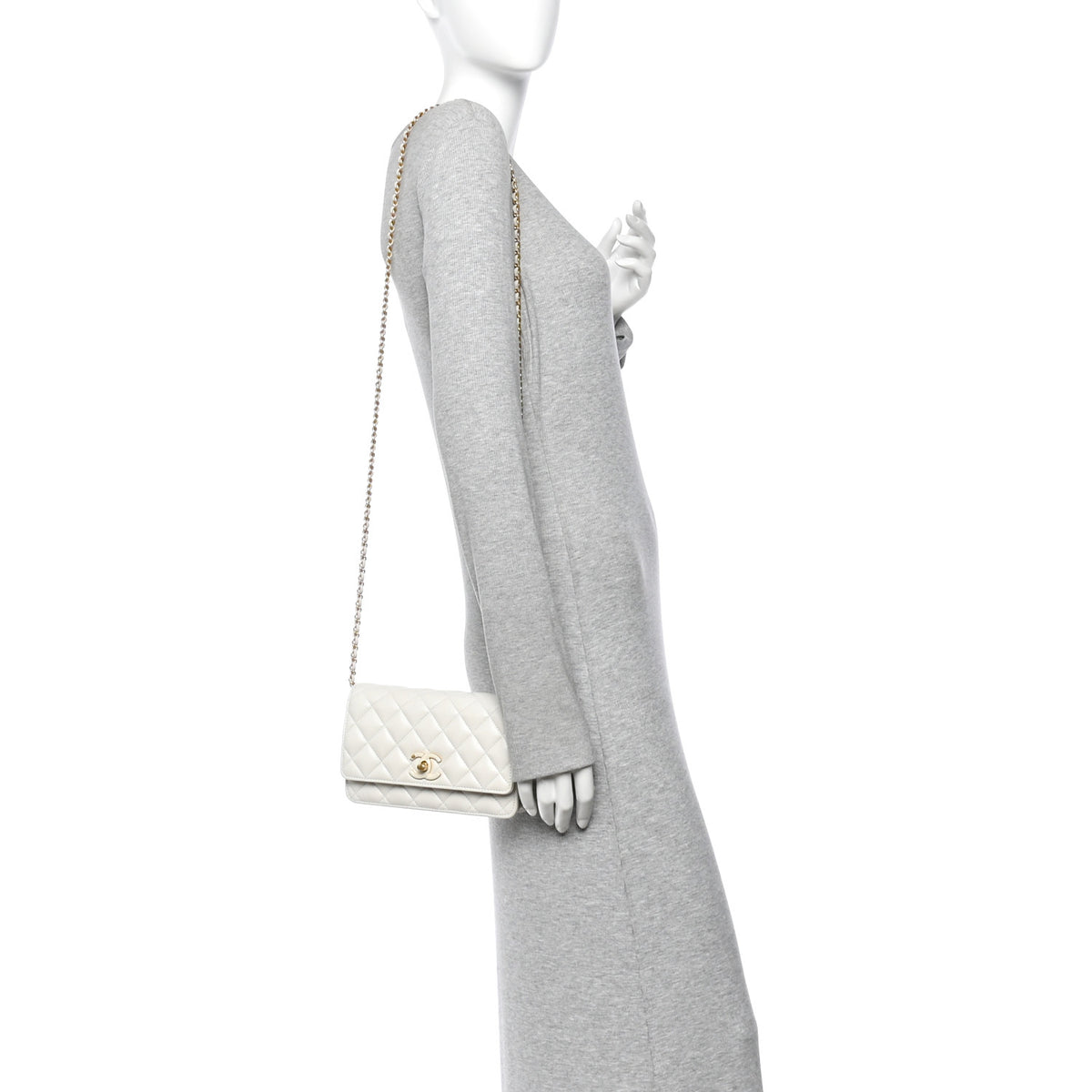 Lambskin Enamel Quilted CC Slide Wallet On Chain WOC White