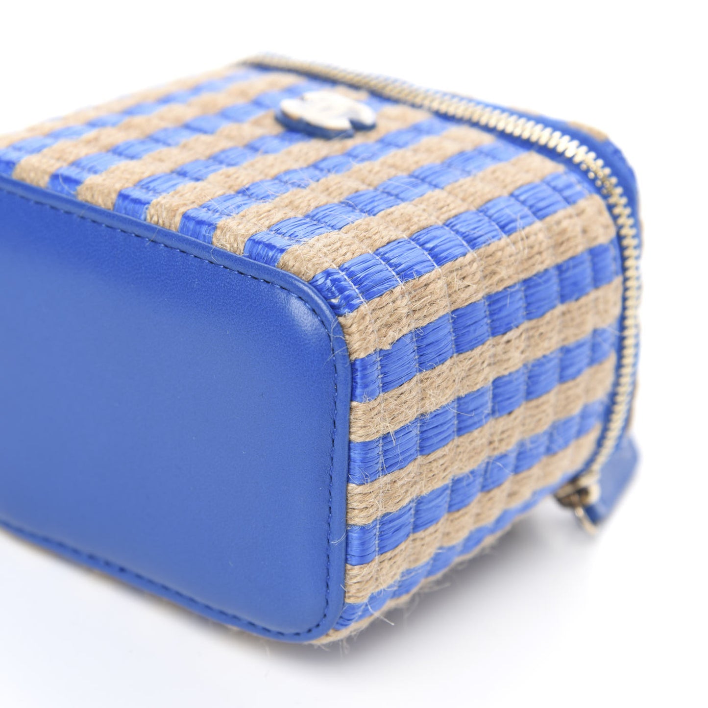 Raffia Jute Striped Mini Vanity Case With Chain Blue Beige