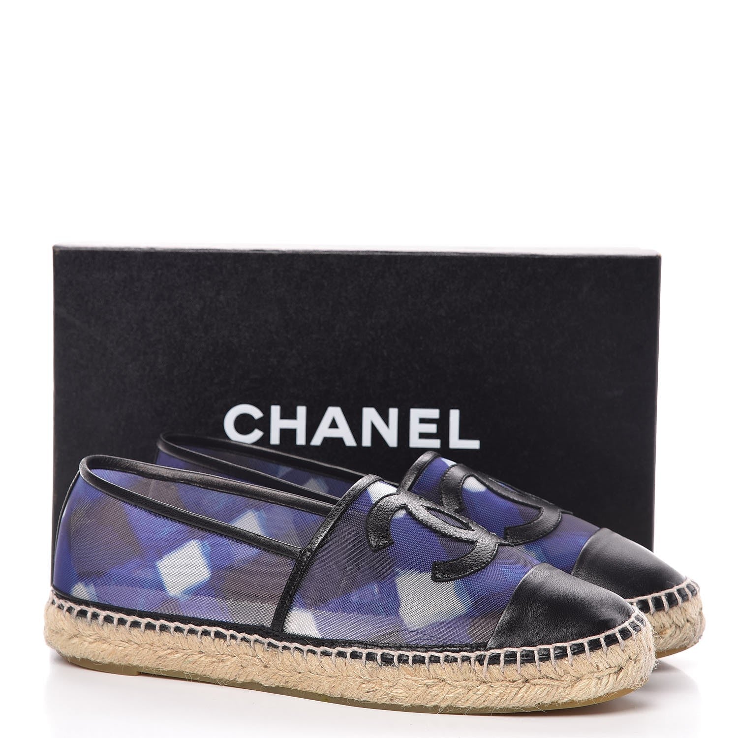 Chanel Mesh Lambskin Check Print CC Espadrilles 39 Blue Black White 10 of 10