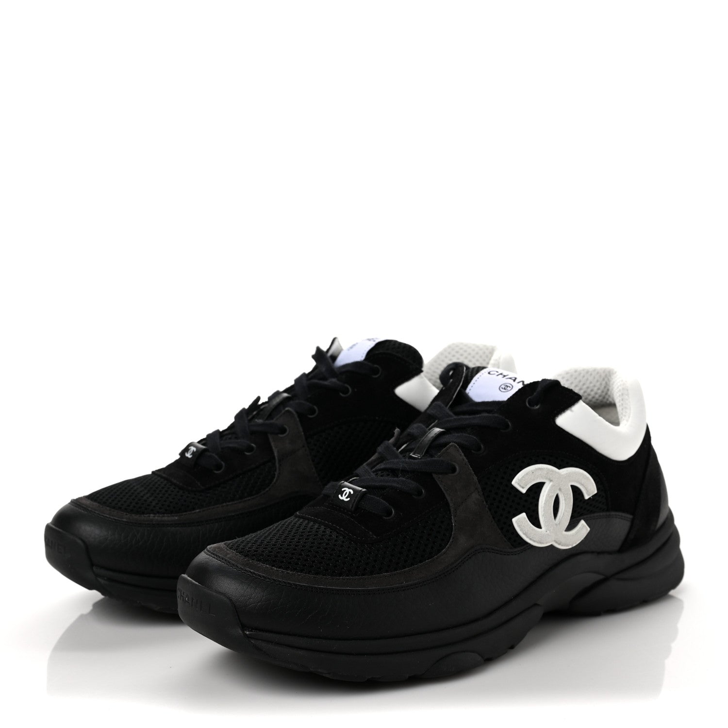 Chanel Mesh Suede Calfskin Grained Calfskin Mens CC Sneakers 45 Black White 3 of 7