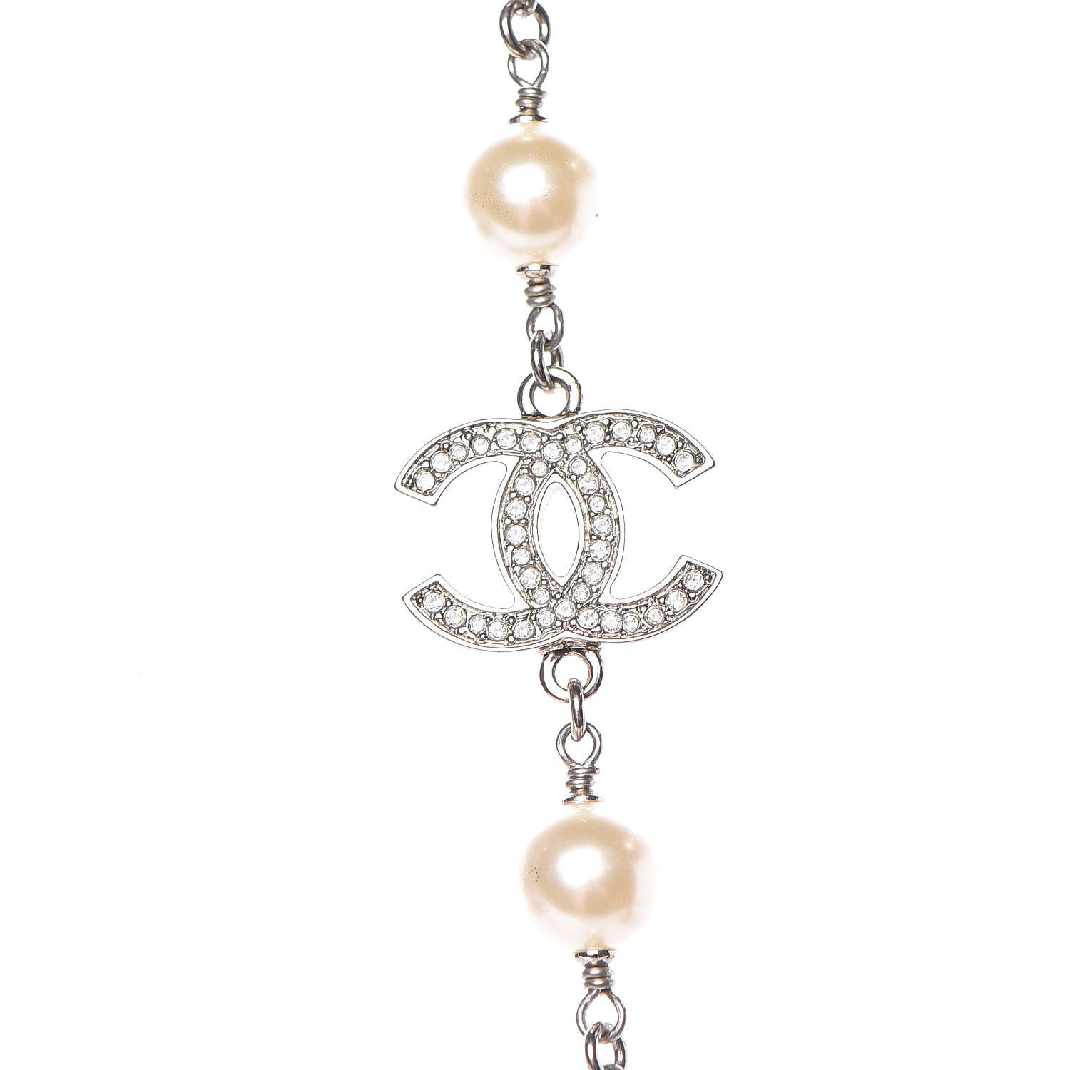 Chanel Crystal Pearl CC Long Necklace Silver 4 of 6
