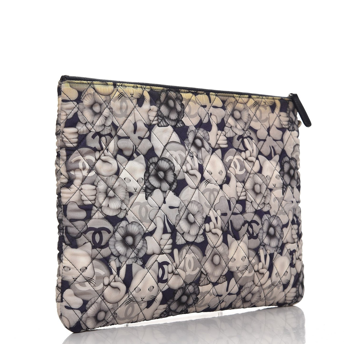 Nylon Quilted Large Cat Emoticon Cosmetic Case Navy