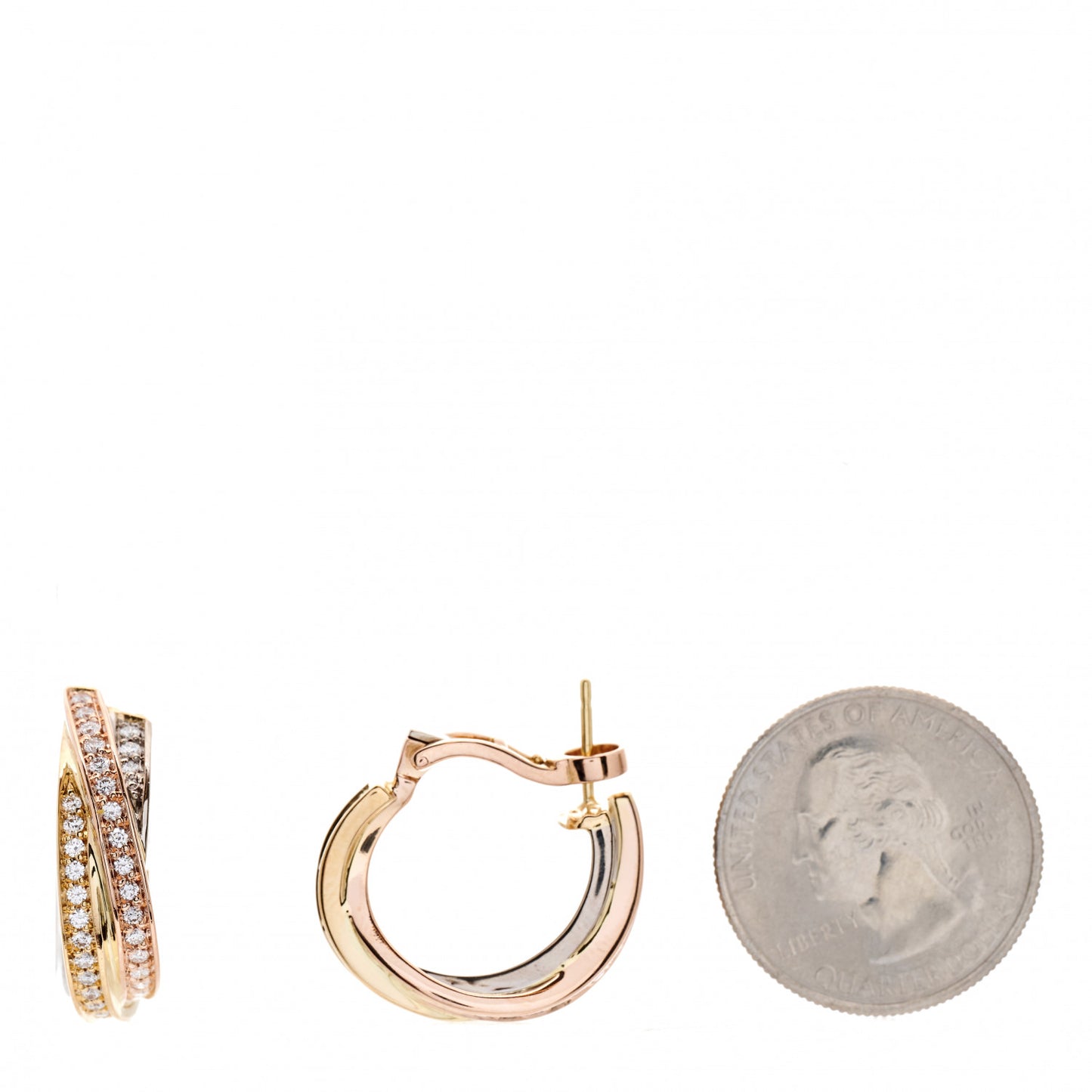 18K Yellow Pink White Gold Diamond Trinity Hoop French Clip Earrings