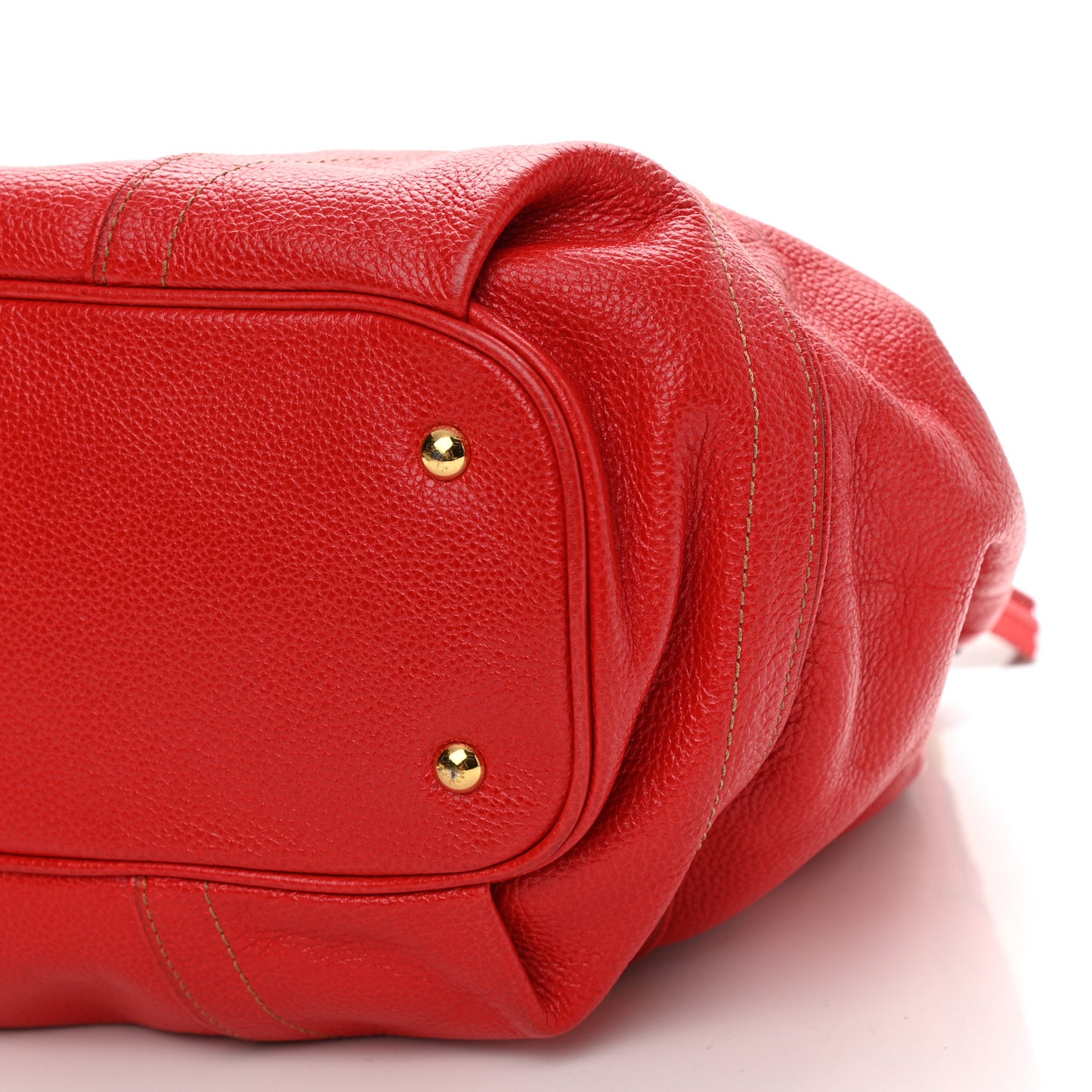 Grained Calfskin Studded Drawstring Bucket Bag Red