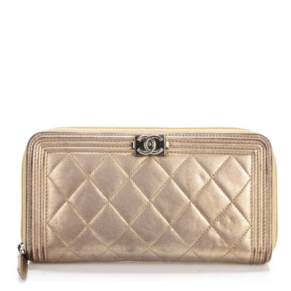Chanel Metallic Calfskin Quilted Boy Zip Around Wallet Light Gold 1 of 8
