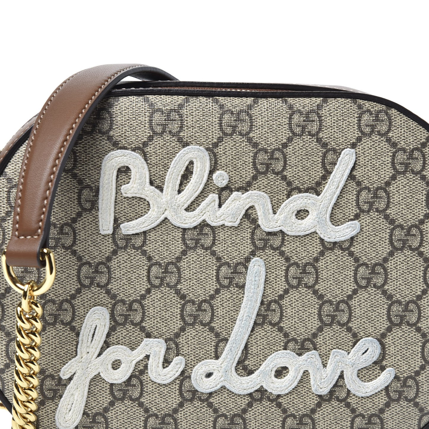 GG Supreme Monogram Blind For Love Embroidered Mini Chain Shoulder Bag Beige Tuscany