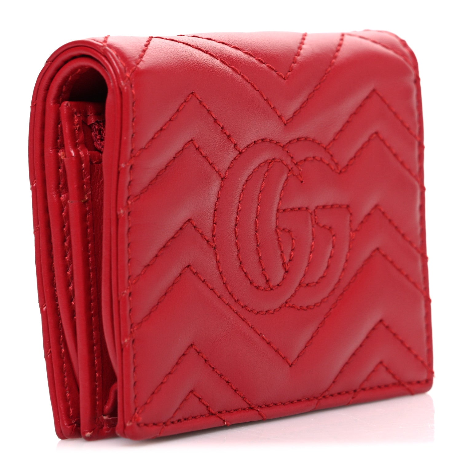 Gucci Calfskin Matelasse GG Marmont Card Case Wallet Hibiscus Red 3 of 7