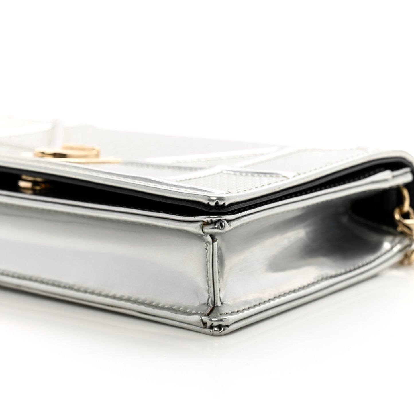 Metallic Patent Micro-Cannage Diorama Wallet on Chain Pouch Silver