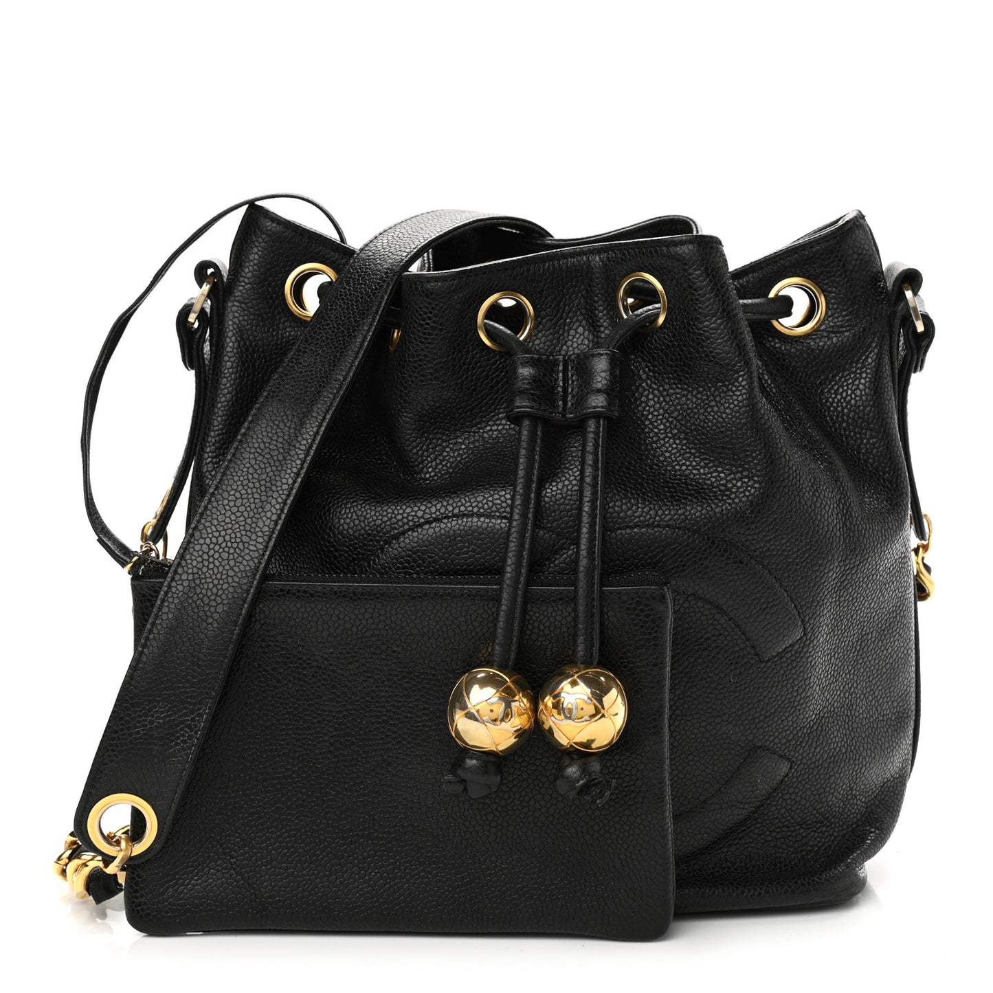 Caviar CC Stitched Drawstring Bucket Bag Black