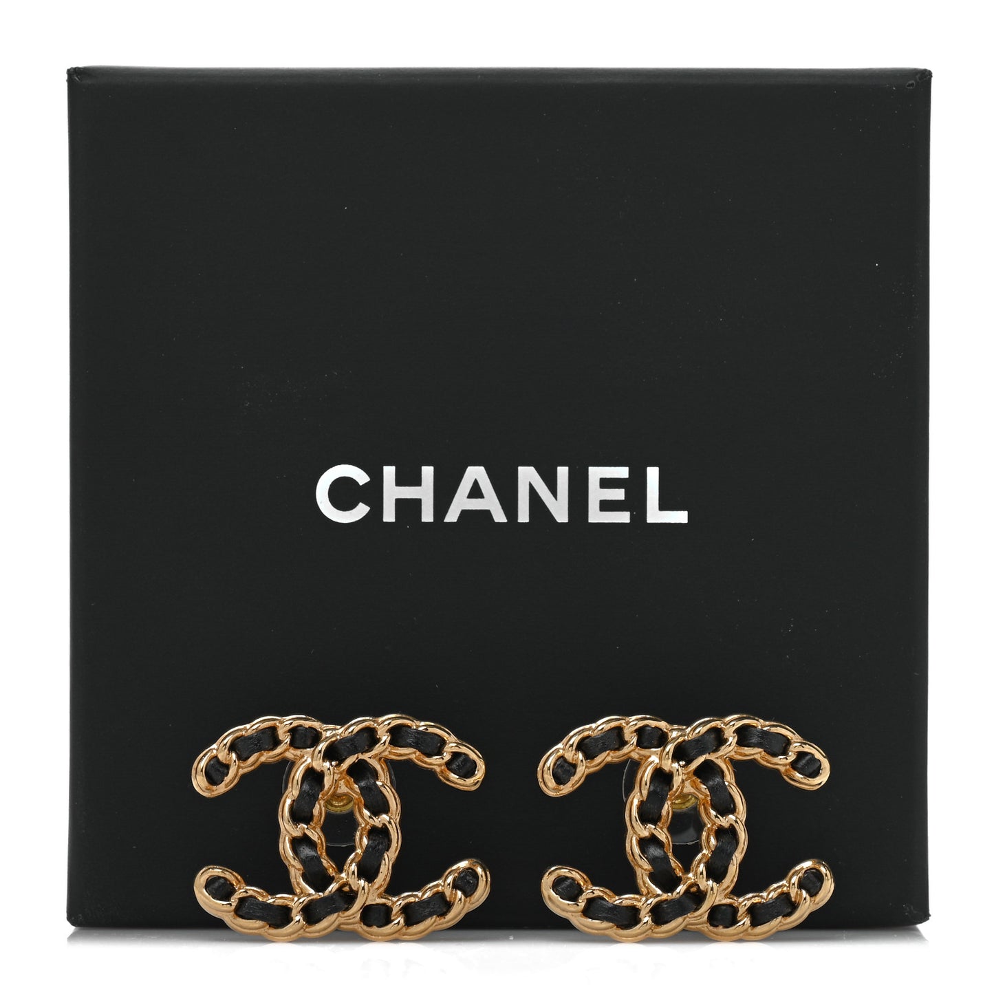Lambskin CC Chain Earrings Black Gold