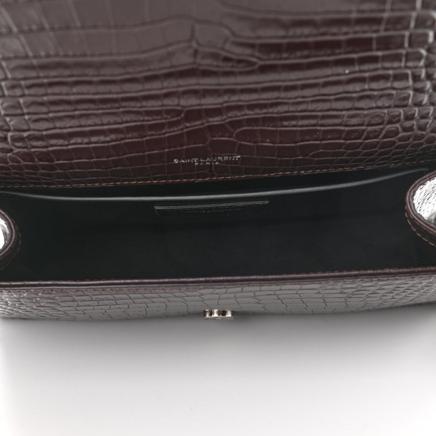 Calfskin Crocodile Embossed Medium Classic Monogram Kate Tassel Satchel Dark Brown