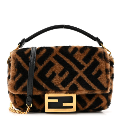 Fendi Shearling Vitello Dolce Macro FF 1974 Mini Baguette Tobacco Black 1 of 10