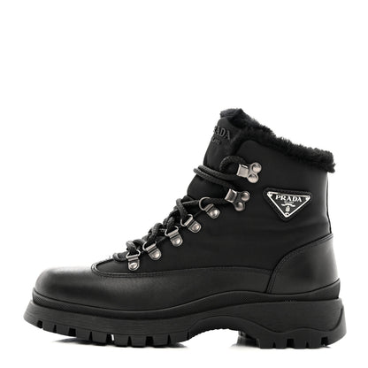 Prada Calfskin Nylon Shearling Metal Triangle Logo Brixxen Boots 37.5 Black 1 of 9