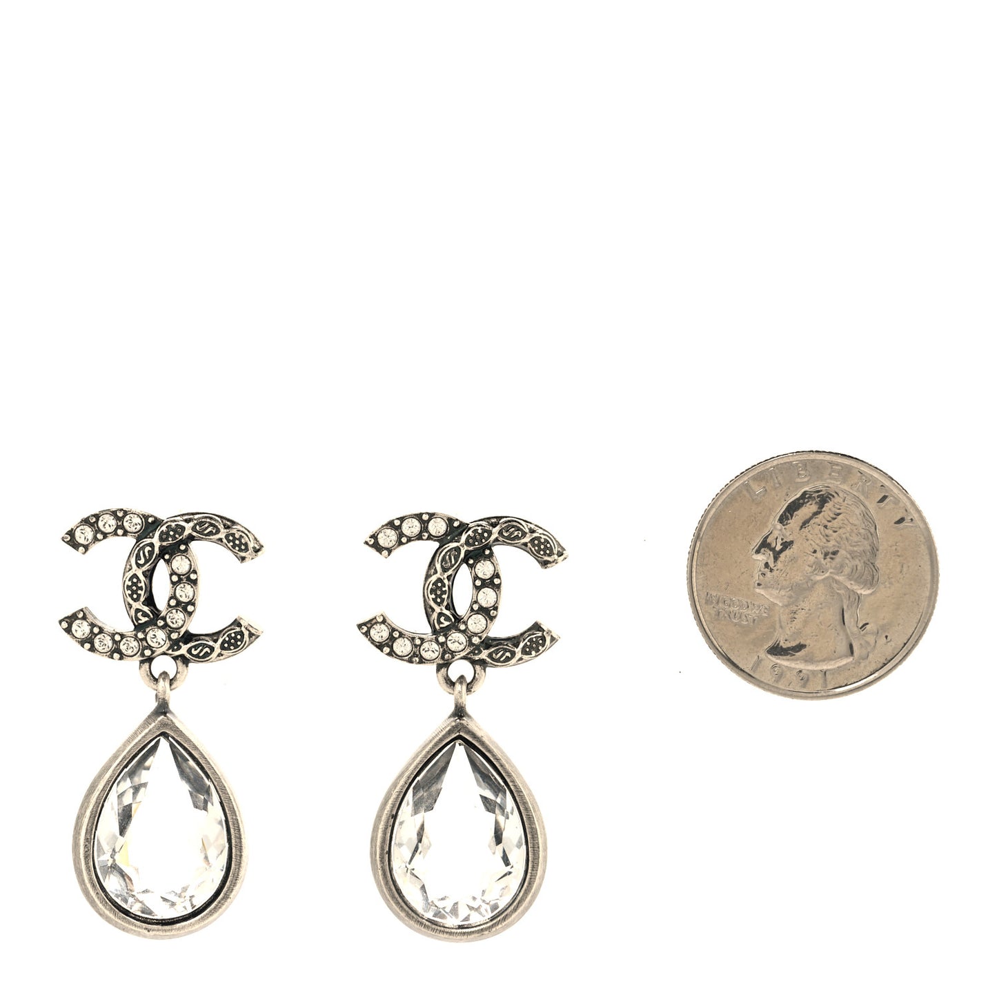 Crystal CC Tear Drop Earrings Silver