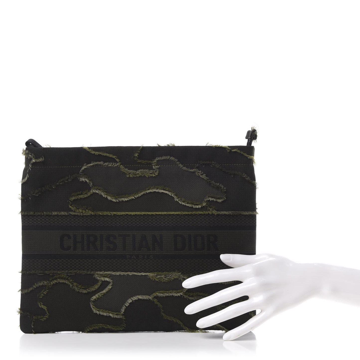Canvas Embroidered Camouflage Medium Diordouble Zip Pouch Green