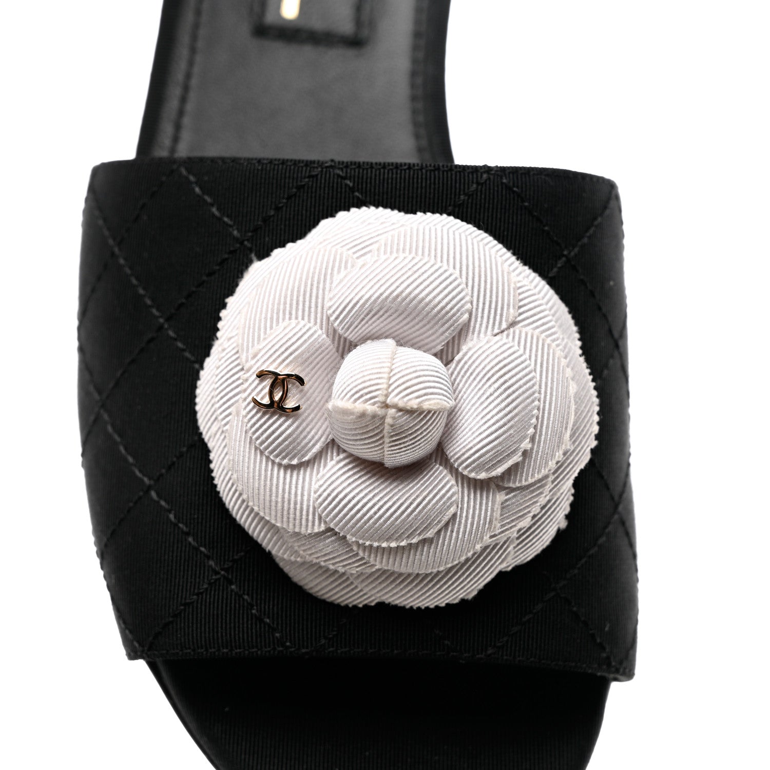Chanel Grosgrain Quilted Camellia CC Slides 37.5 Black White 9 of 10