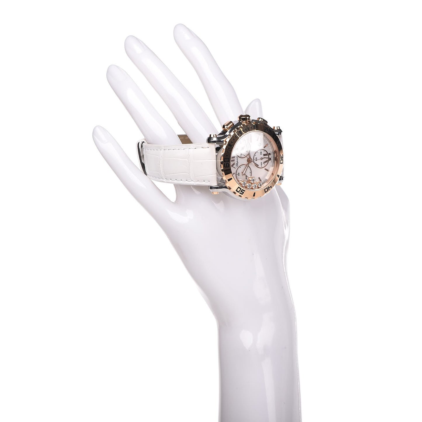 Stainless Steel 18K Rose Gold Alligator 5 Diamond 42mm Happy Sport Chronograph Quartz Watch