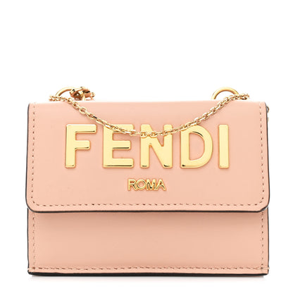 Fendi Vitello Kyoto Metal Fendi Roma Logo Micro Trifold Wallet with Chain Light Rose 1 of 12