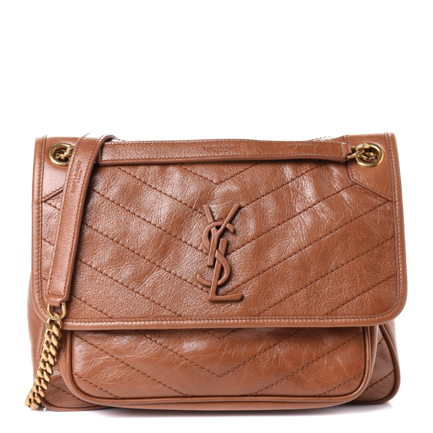 Crinkled Calfskin Matelasse Monogram Medium Niki Chain Satchel Caramel