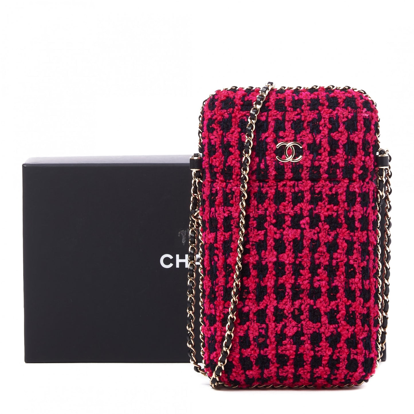Tweed Chain Around Phone Holder Pink